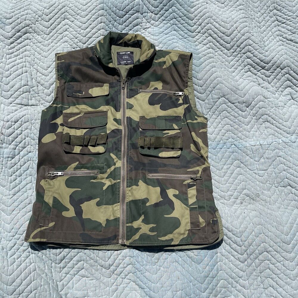 Frontline Ranger Vest Sz Large Woodland Camo Tactical Pockets Ammo Game Bag
